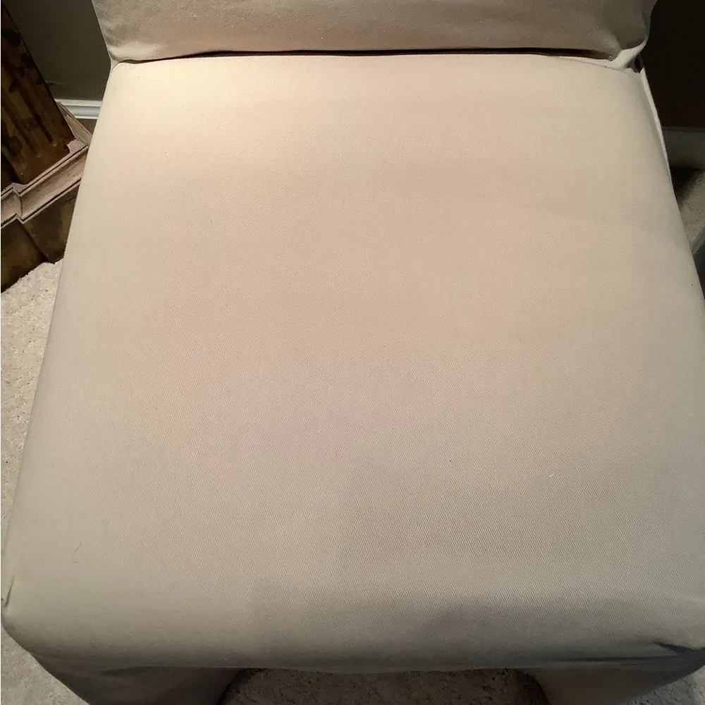 BALLARD DESIGN TAUPE TWILL PARSONS CHAIR COVER. WHITE EMBROIDERED “C”